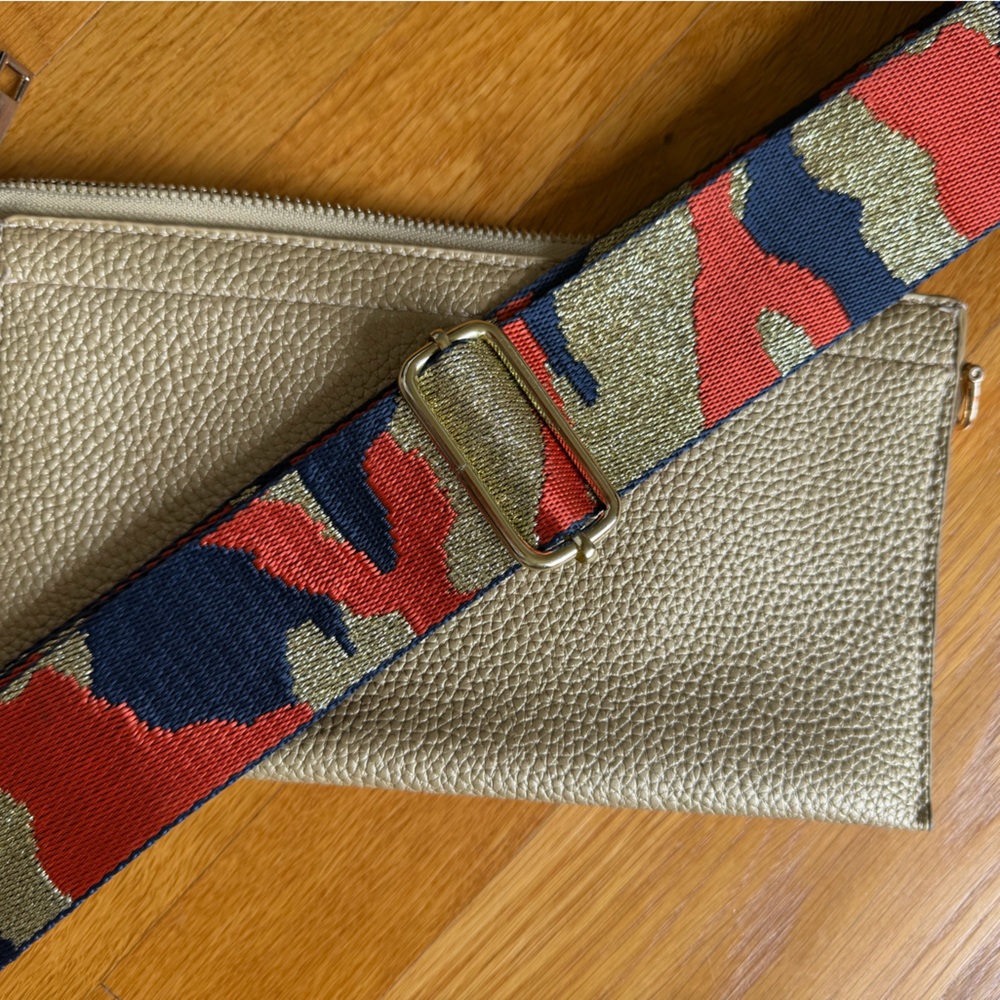 Gold Leather Clutch with Orange, Navy & Metallic Gold Strap